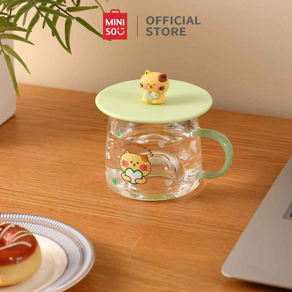 Miniso Kaca Cangkir Gelas Cup Gelas Kopi Mug Lucu Couple Cantik Minum Kaca 300ML Dengan Tutup Barang
