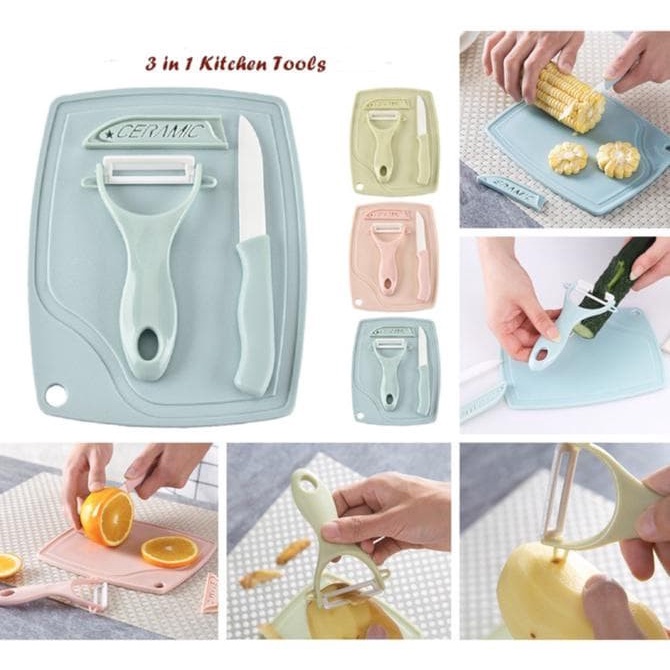 Pisau Set Alat Dapur Pisau Kupas Buah Telenan 3 in 1 Unik Lucu Mini/ Talenan Set 3in1 Keramik