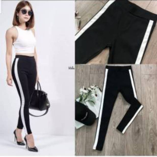 Legging Strip/Line/List Putih Panjang Wanita Polos Fit To L Max BB 65Kg / Legging Stripe Standar