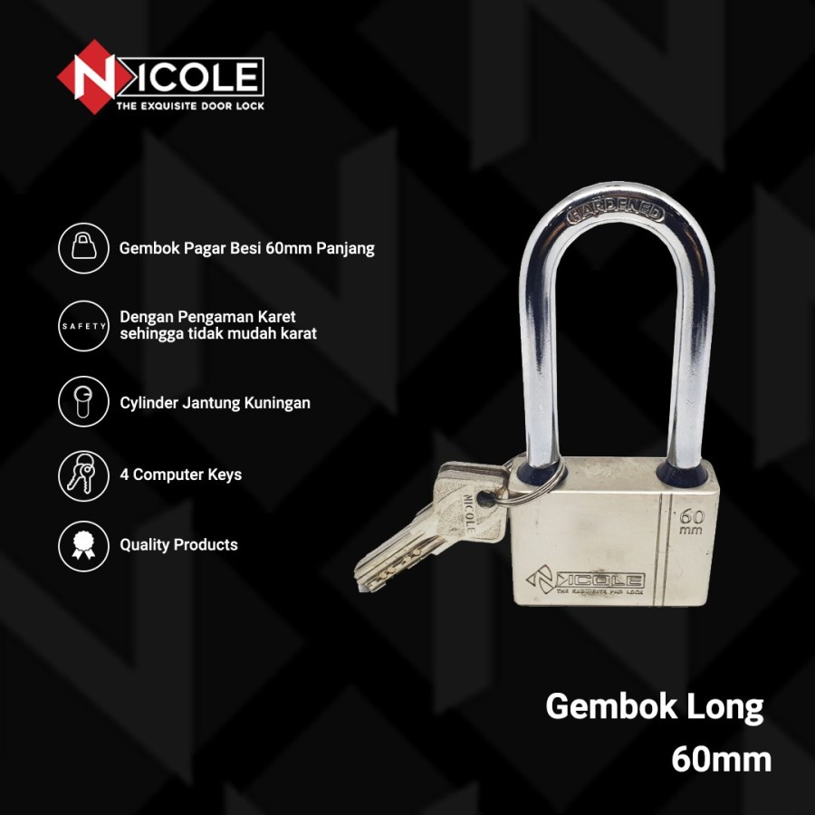 Nicole Gembok Pintu Rumah Besi / Gembok Pagar / Padlock Long 60mm Leher Panjang