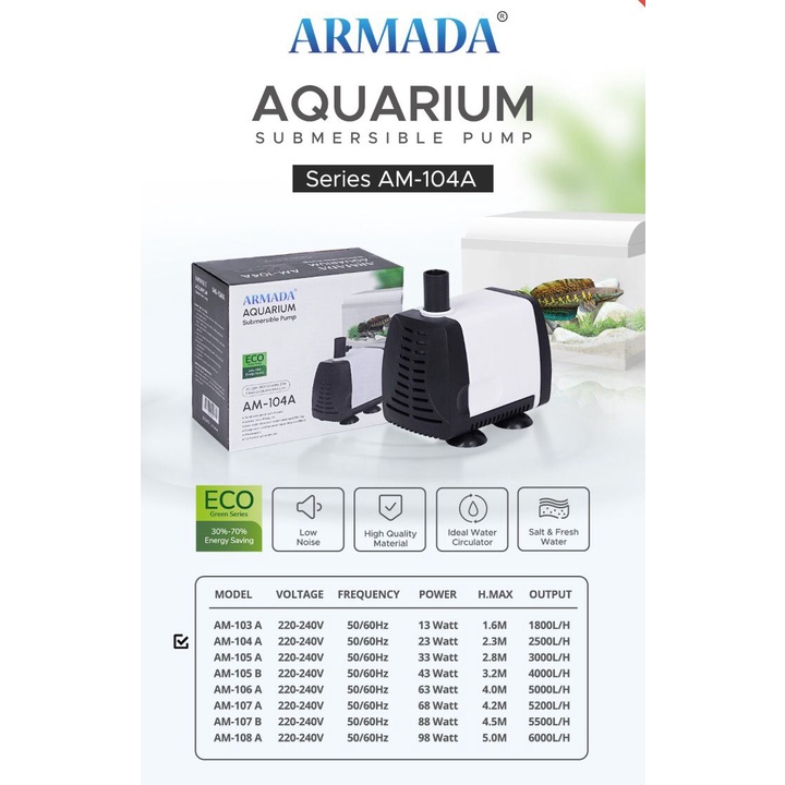 POMPA AQUARIUM CELUP WATER PUMP ARMADA AM 104 A AM-104A LOW WATT NOASIS