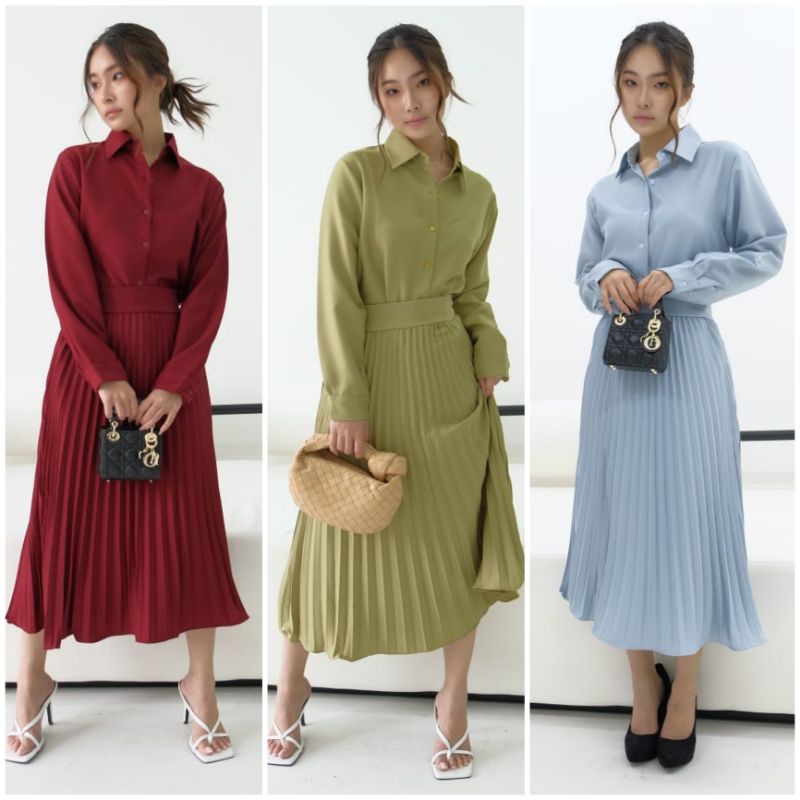 ❣️SPECIAL PRICE ♡ PREMIUM ♡ ORIGINAL ! SAPHIRE 2 IN 1 SET LONG SLEEVE SHIRT +  PLISKET PLEATED MIDI atau MAXI FLARE SKIRT / SETELAN KEMEJA LENGAN PANJANG &amp; ROK PLISKET RAMPLE ( HIJAB &amp; BUSUI FRIENDLY )
