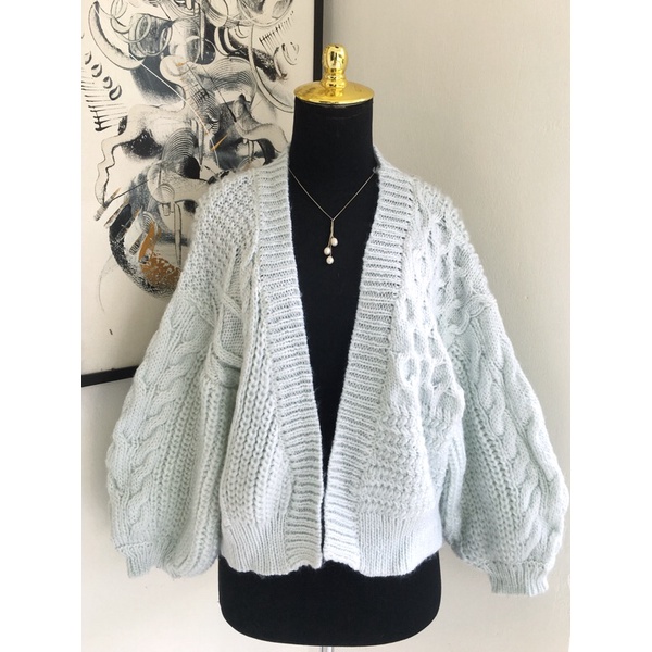 Outer cardigan rajut korea kepang cable knit lengan balon puffy wool biru muda baby blue mint korean