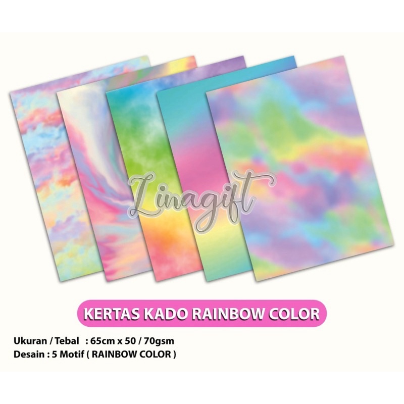 ( 5 Lembar ) KERTAS KADO SQ DOFF - GIFT WRAPPING PAPER MOTIF RAINBOW PELANGI WARNA WARNI GRADASI CLASSIC ELEGAN EUSTHATIC