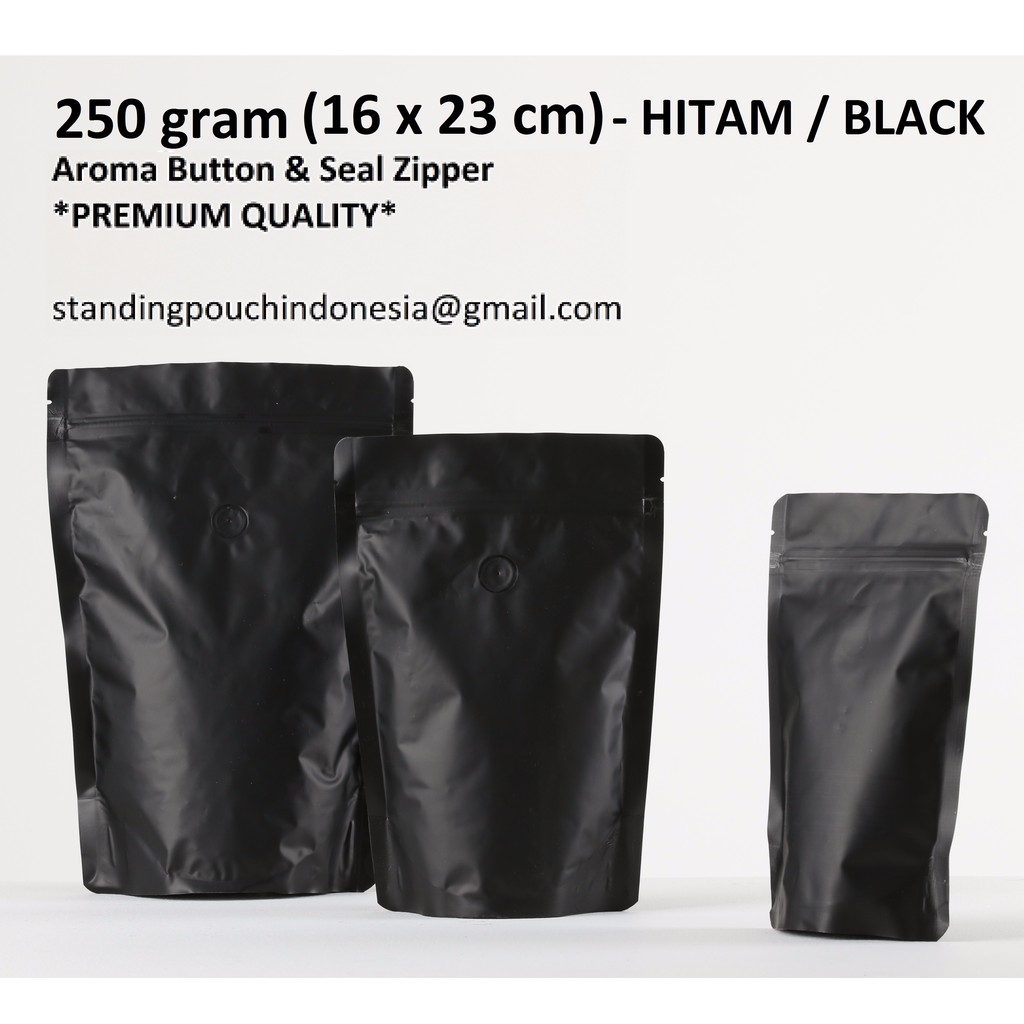 

Kemasan Kopi Standing Pouch 250g (VALVE + ZIPPER) HITAM *PREMIUM*
