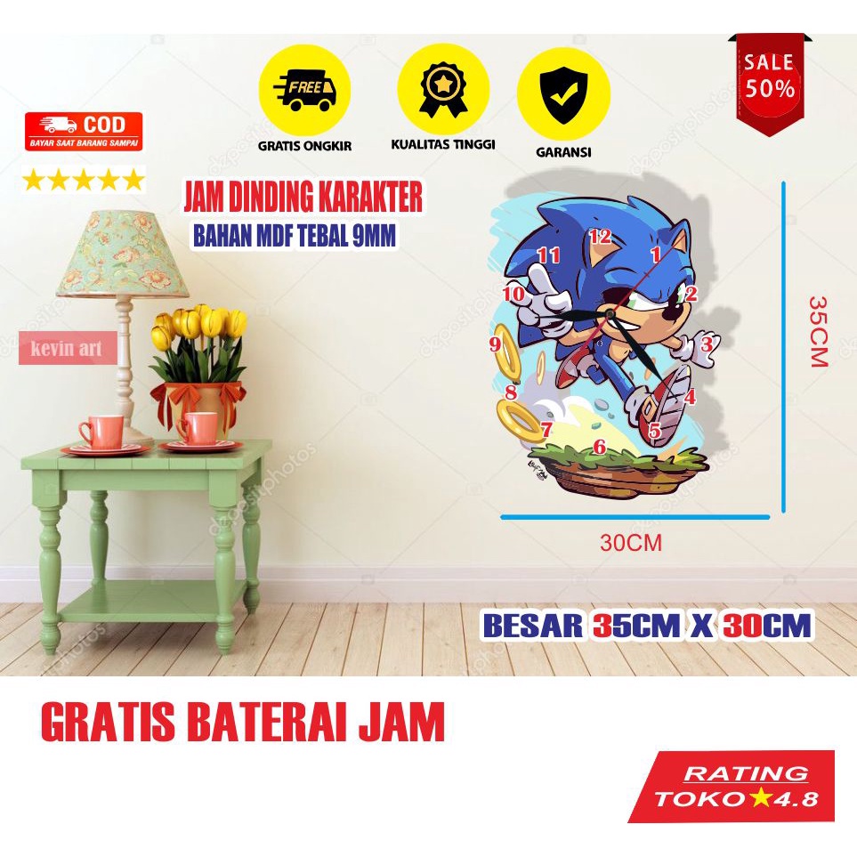 JAM DINDING KARAKTER SONIC UNIK BESAR KAYU VINTAGE SOUVENIR JAM CAFE Kevinart MINIMALIS MODERN MEWAH KEREN KOLEKSI ANIME