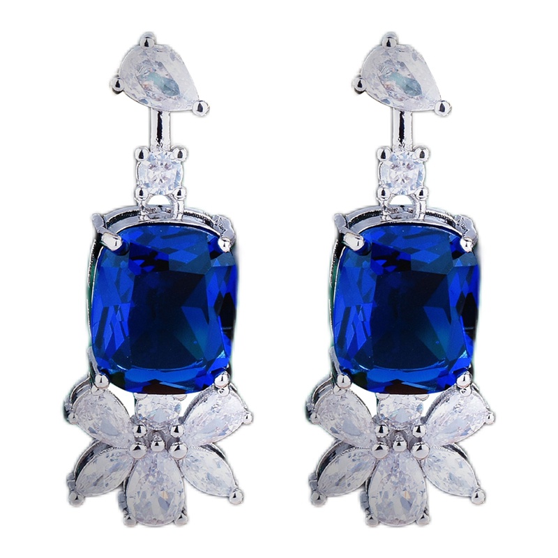 Anting Drop 925 Silvery Bentuk Bunga Warna Biru Bahan Cubic Zirconia Untuk Wanita