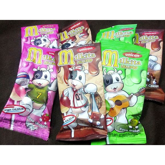 

MILKITA Lolipop Renceng Permen Susu isi 10 sachet Rasa Coklat, Strawberry & Melon