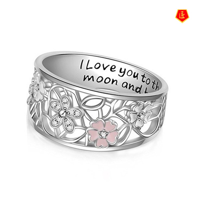 [Ready Stock]Creative Diamond Sakura Ring Engraved Letters Fashion Simple