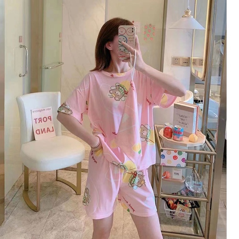 Piyama Baju Tidur Import Wanita Fashion Sleepwear Spandex Stelan Rumah Baju Santai Celana Pendek z-POUCH-BearAngel Pink