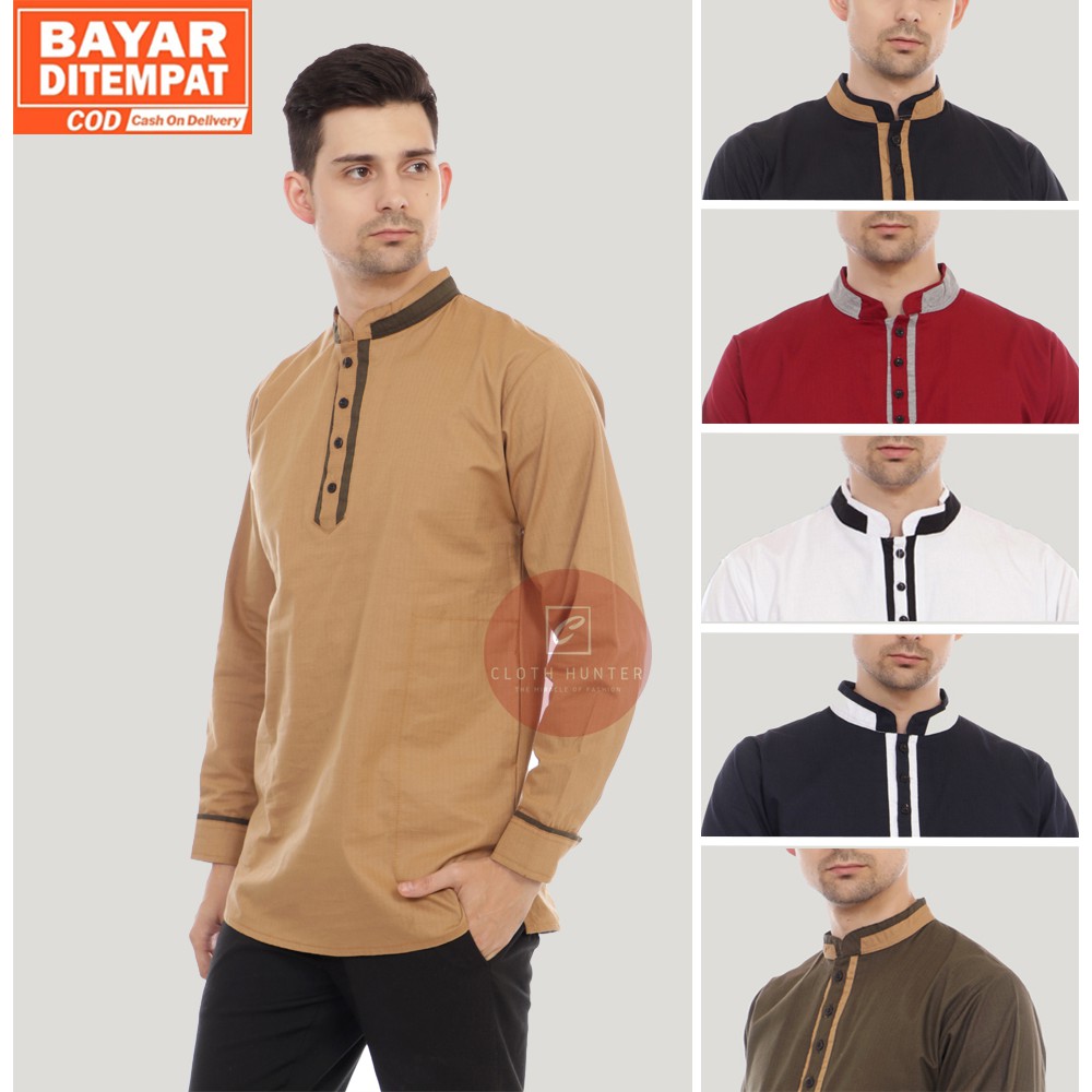 BAYAR DITEMPAT - Baju Koko Pria Lengan Panjang AMMAR Polos Bahan Katun Cigarette