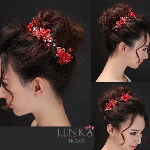 Lenka Tiara Headpiece Pesta Wedding Bridal Bunga Merah Modern TRE013