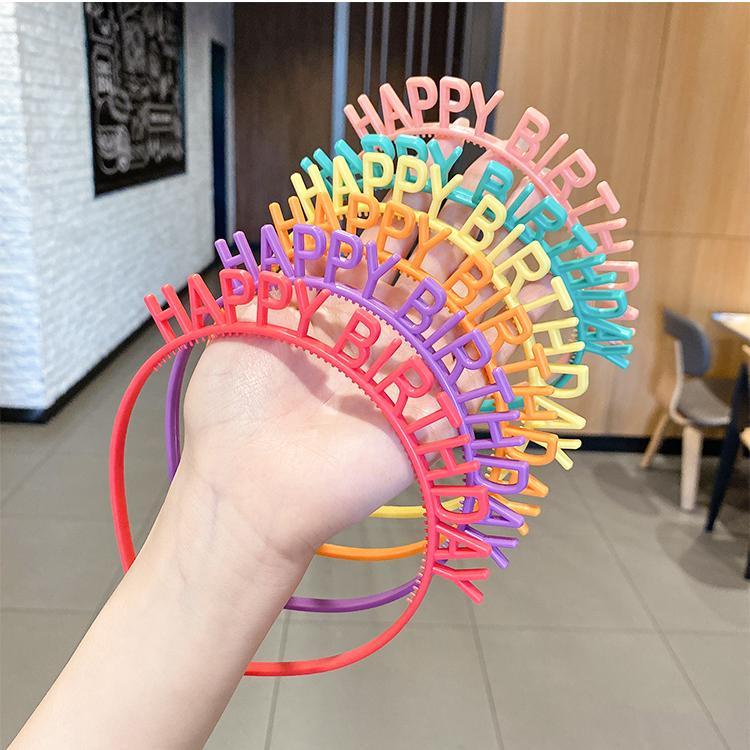 Bando Happy Birthday Warna Warni 1PC GROSIR PRAKARYA MALANG Headband Plastik Aksesoris Fashion Accessories Rambut Hias Hiasan Wanita Perempuan Cewek Perlengkapan Fashion Plastic Black Lentur Elastis Hair Ornament Kecantikan Beauty Salon Hairdo