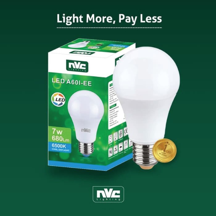 NVC A60N Bohlam Bola Lampu LED 7W 7 Watt Cahaya Warna Putih 6500K