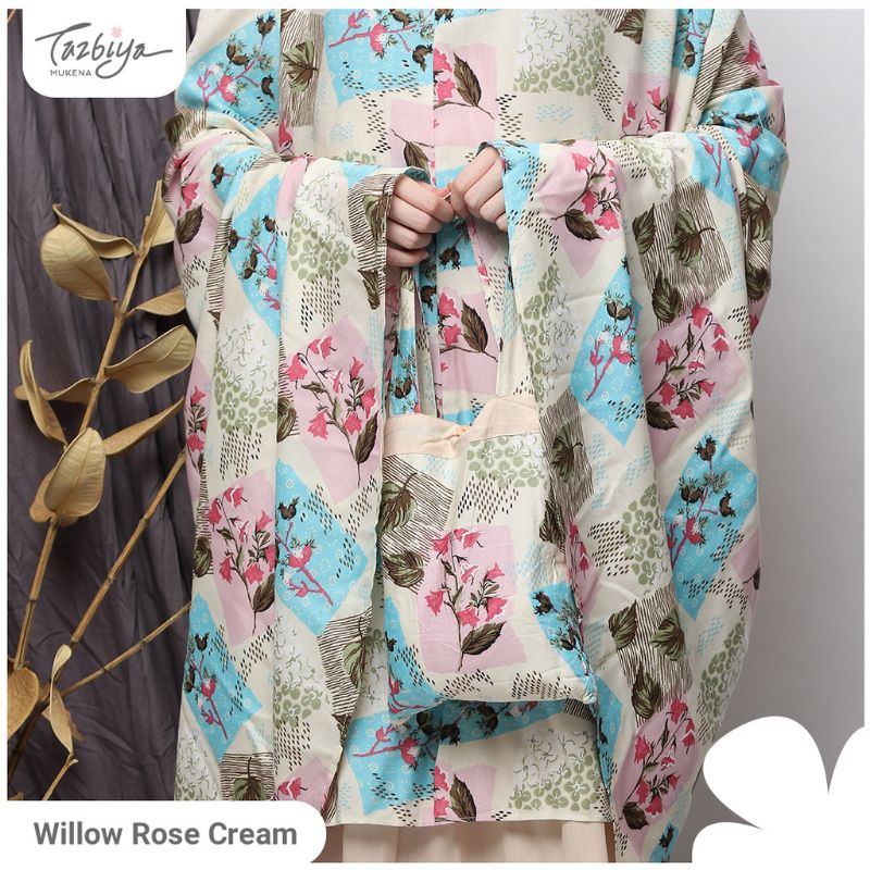 Mukena Tazbiya Willow Rose Pink Grey Jumbo Dewasa Katun Rayon Adem Motif Cantik Treveling