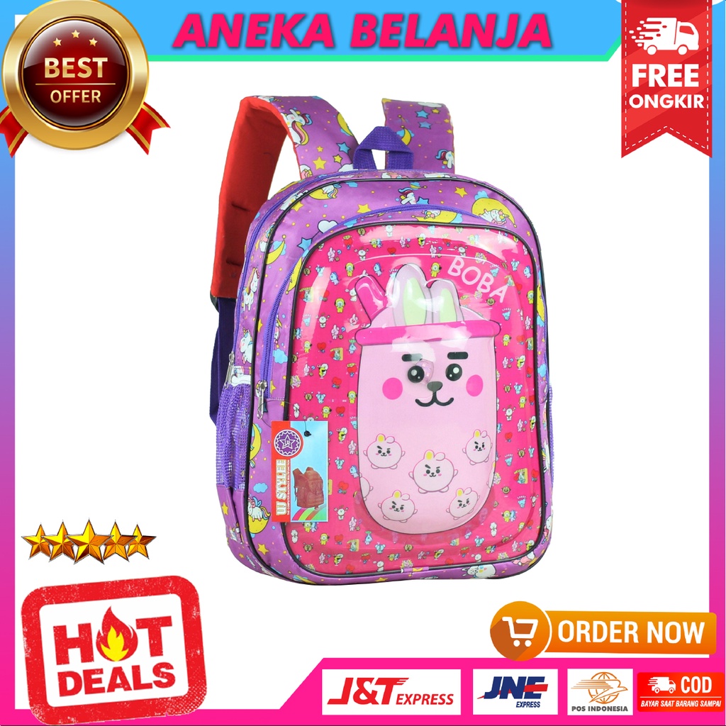 Tas Sekolah Anak Lampu Motif Boba Warna Ungu Cocok Untuk SEKOLAH PAUD TK Anak Perempuan Imut Lucu