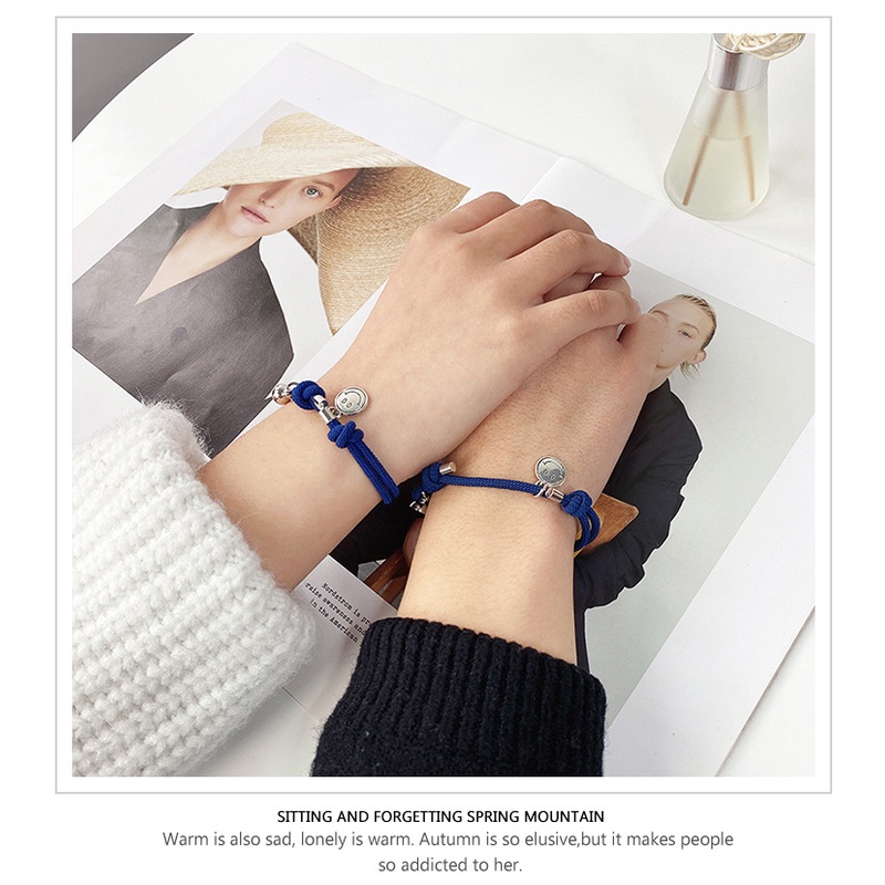 Korea biru woven pasangan diy Gelang adjustable wajah tersenyum magnet liontin pacar gelang pria dan