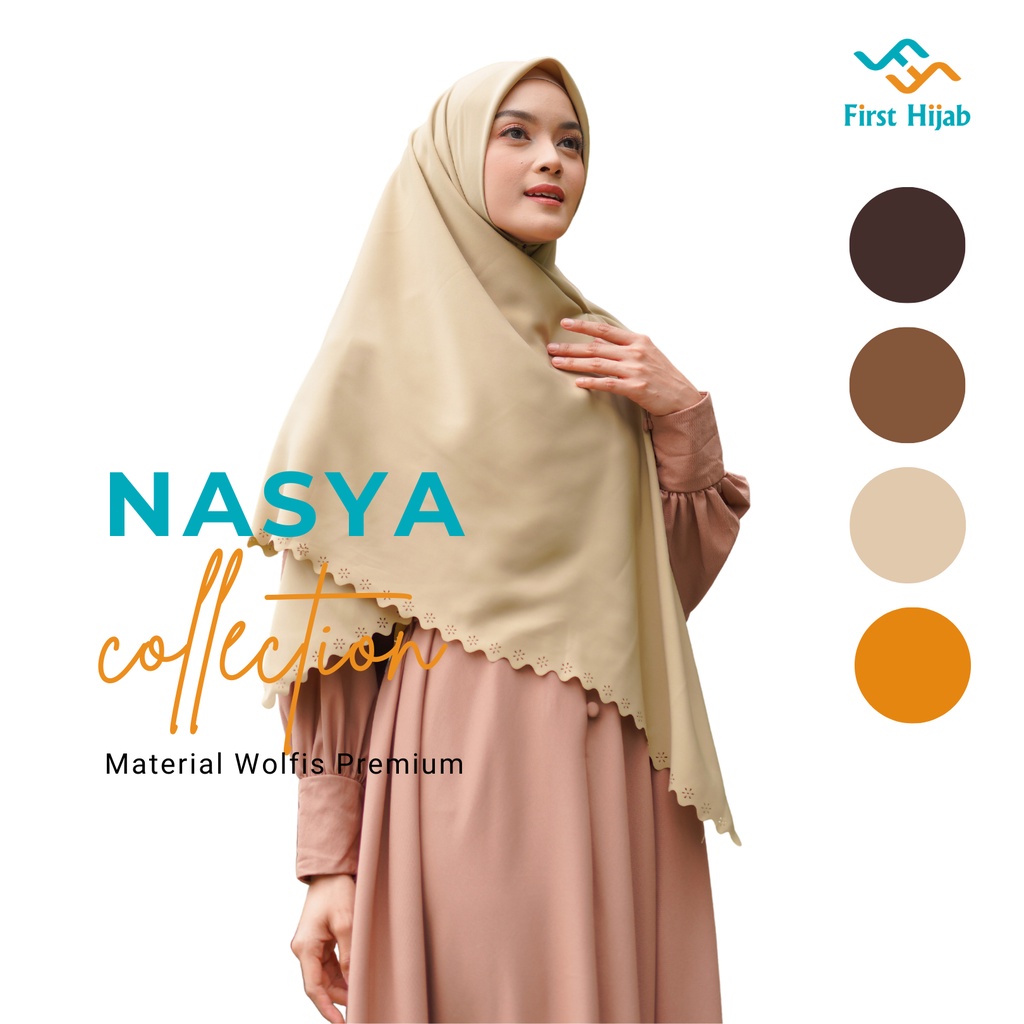 Kerudung Segi Empat Polos First Hijab Jilbab Square Segiempat Wolfis Premium size 130x130 Model Nasy