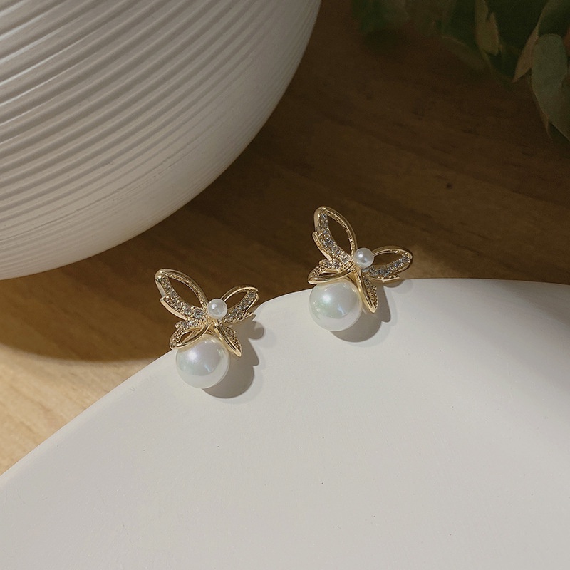 Korean Fashion Diamond Pearl Butterfly Women's Stud Earrings Earrings For Girlfriend Gifts Best Factory Wholesale In Stock