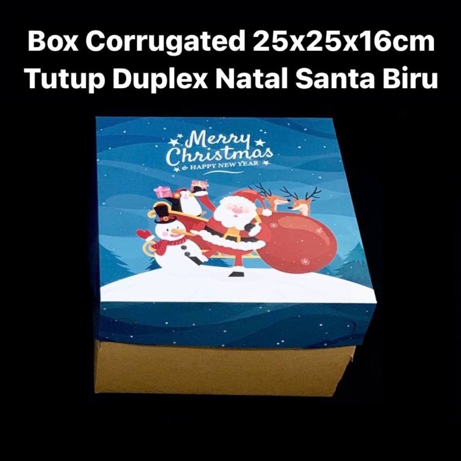 

box packaging motif santa biru dus hampers kue tart natal kardus parcel cake xmas ukuran 25x25x16 cm