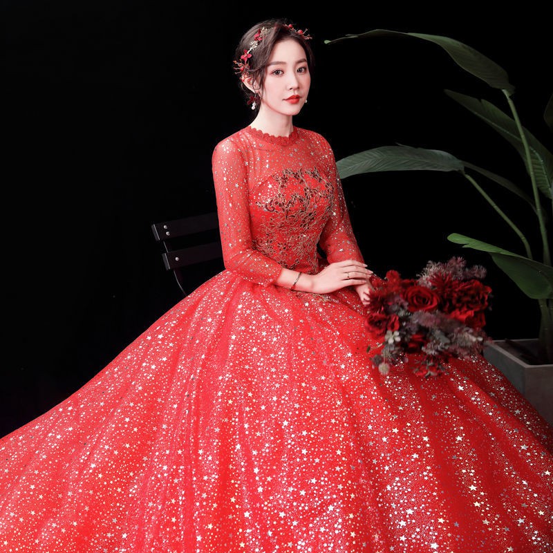 157 Women Fashion Red 3/4 Sleeve Long Tail Lace Wedding Dress