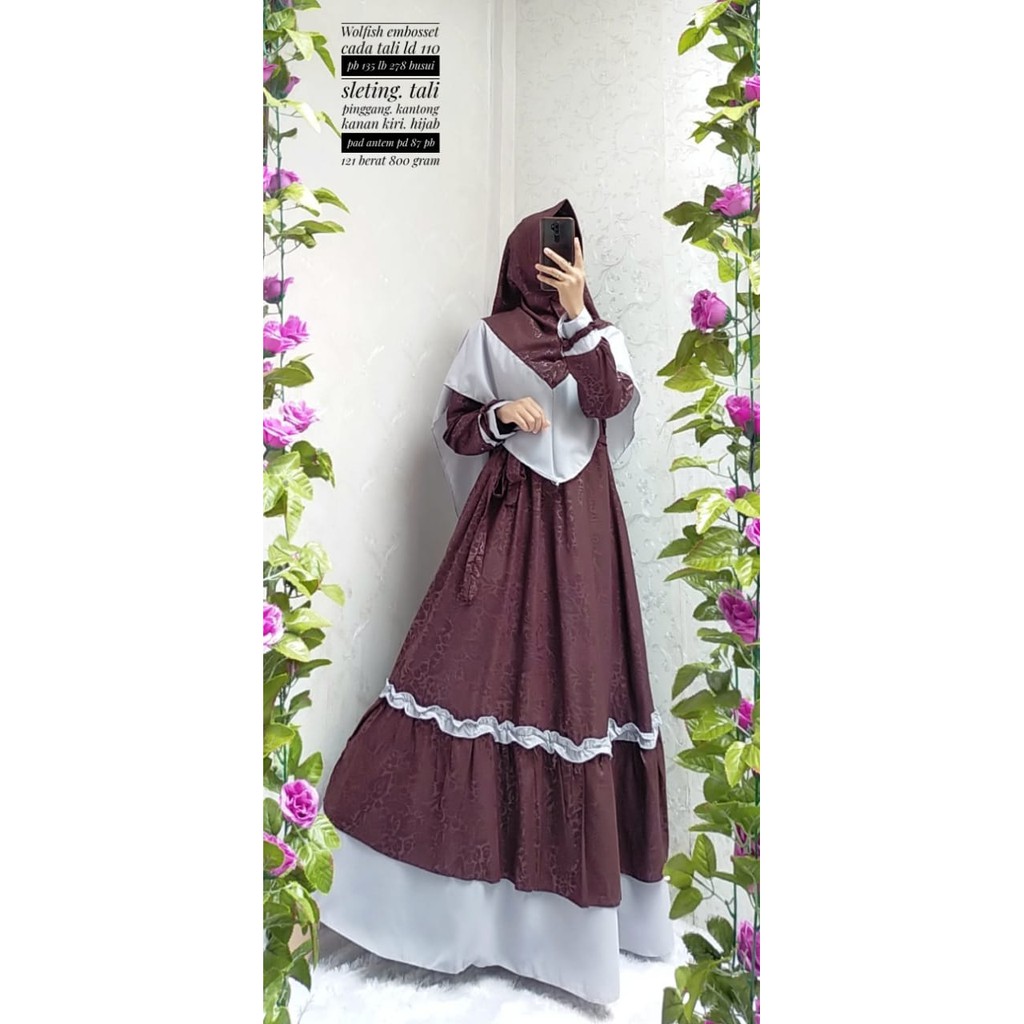 Gamis wolfis embos set jilbab syari free cadar niqob purdah terbaru muslimah fashion modis kalea