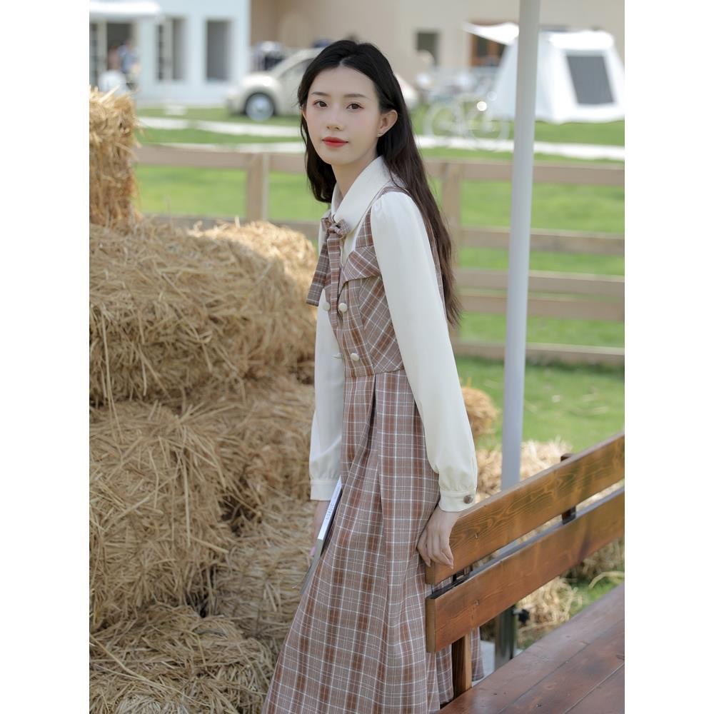 New women's fake two piece set waist French retro Plaid long sleeve early autumn temperament dress l