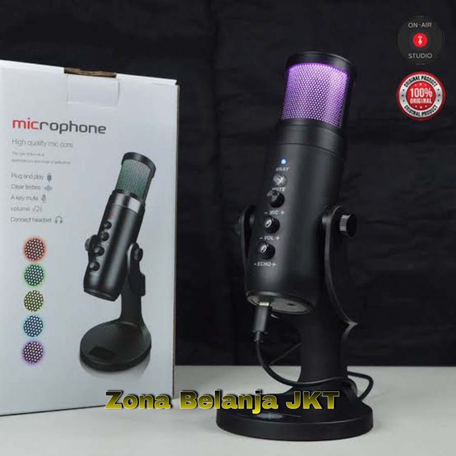 MICROPHONE - MIC CONDENSER USB OMNIDIRECTIONAL MIK REKAMAN RGB LIGHT STUDIO GAMING