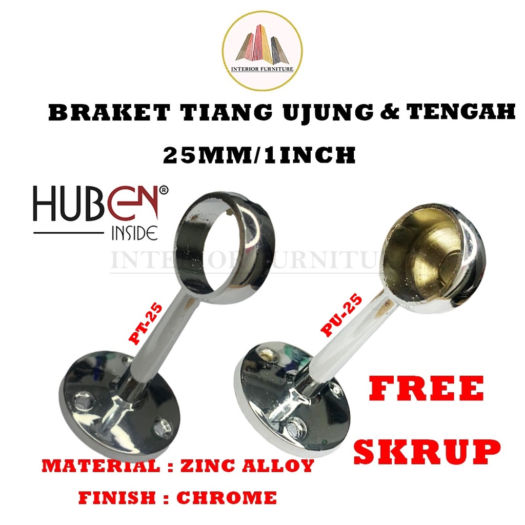 Bracket pipa sock tiang bulat aluminium chrome ss tembus dan buntu 1inchi (25mm)