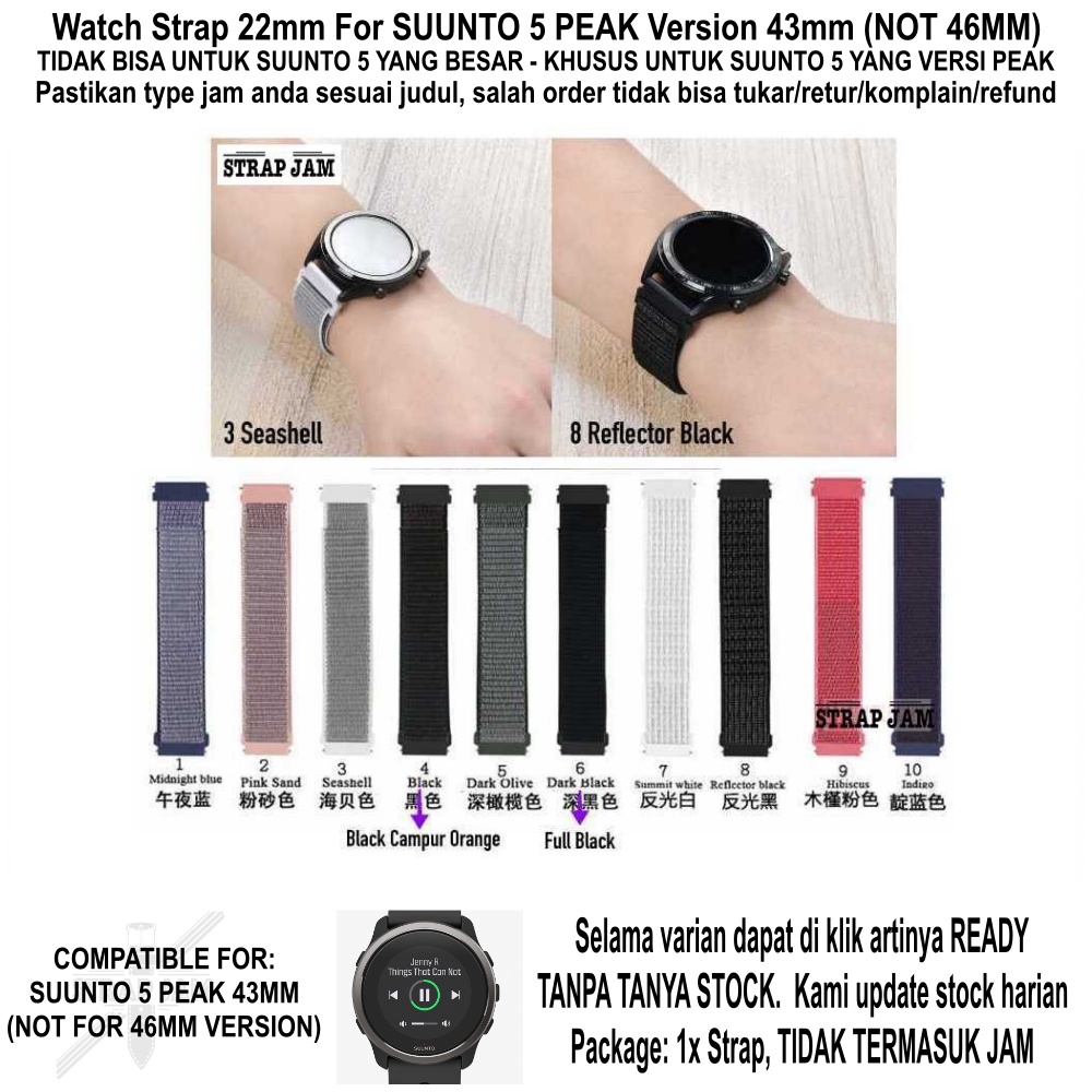 Strap Suunto 5 Peak 43mm (VERSI PEAK) - Tali Jam 22mm Sport Loop Velcro Nyaman