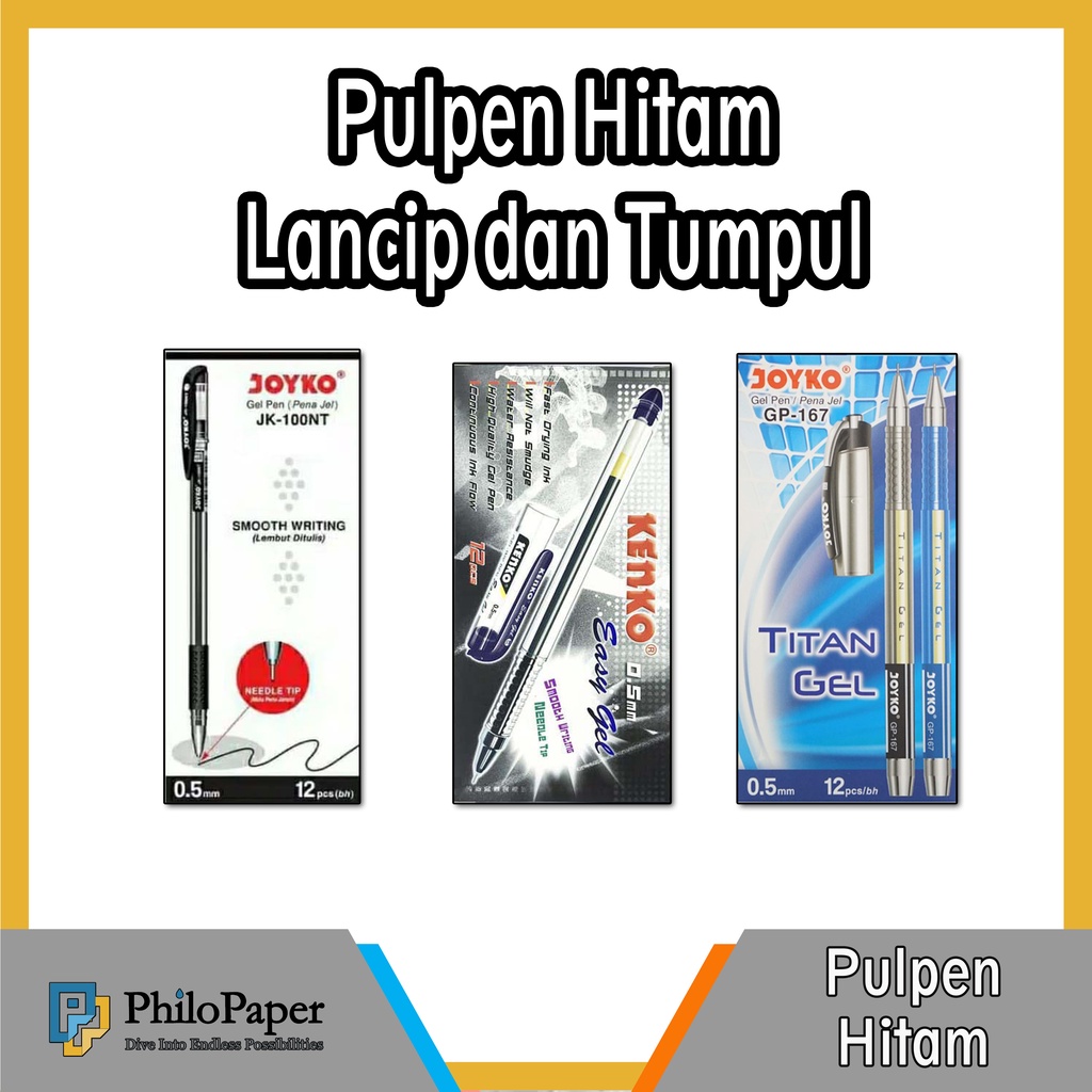

ATK ~ ( ECER ) Pulpen [ HITAM ] Gel Lancip & Tumpul