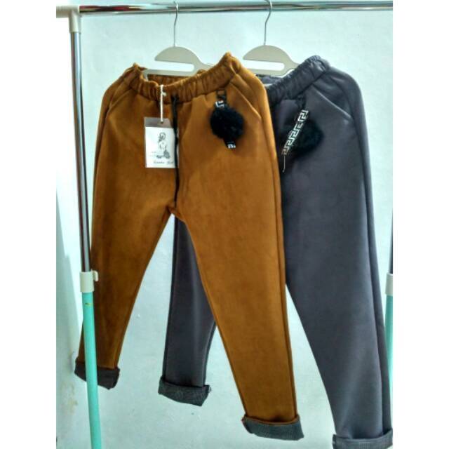 Real picture butik celana pants suede premium import pompom