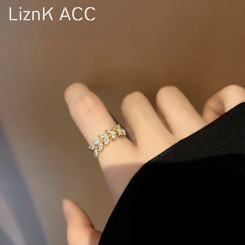 Cincin Model Terbuka Desain Daun Kristal Gaya Korea