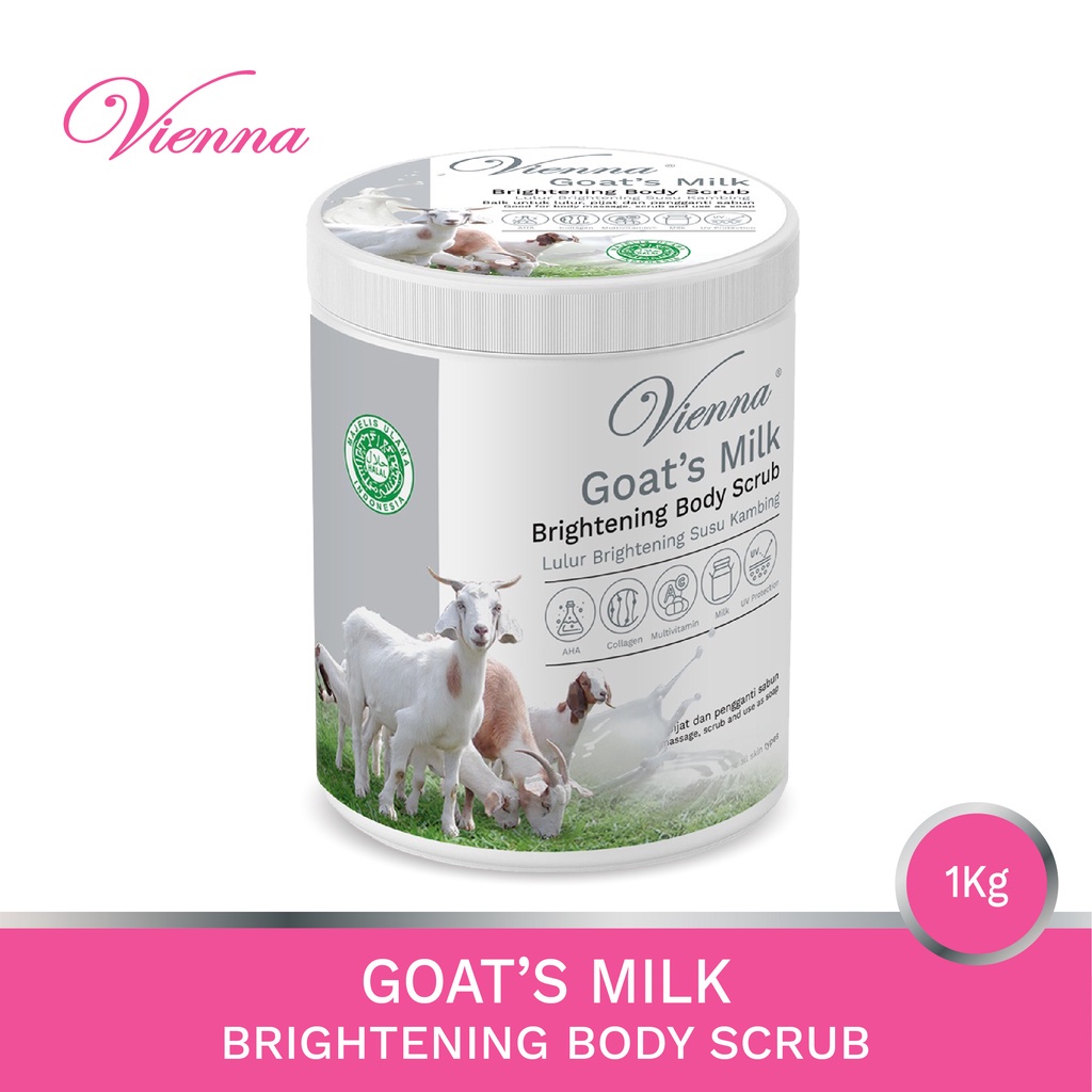 Vienna Brightening Body Scrub Lulur - Pemutih Badan Pot 1kg | Goat Milk | Bengkoang | Cow's Milk