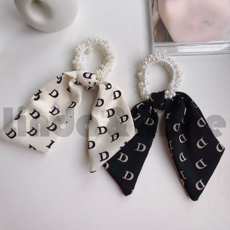 Srunchie Scraf Mutiara Wanita Gaya Korea Motif D Aksesoris Rambut Fashion Wanita Import