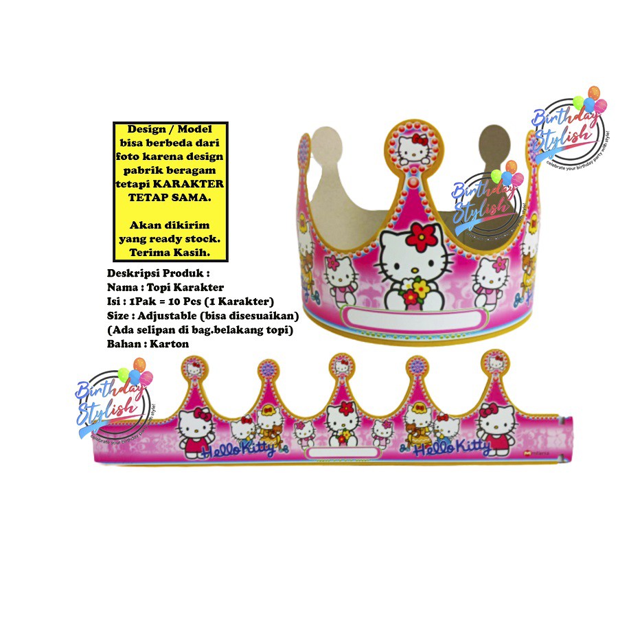 Topi Hello Kitty  Karton Mahkota/ Topi Mahkota Hello Kitty/ Topi Karakter Hello Kitty  isi 10 Pcs