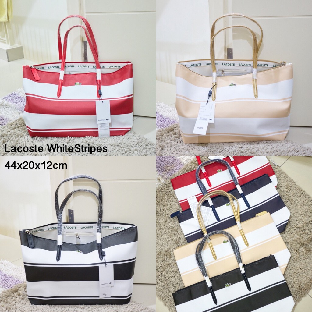 Tas Wanita Tote Bag Lacoste Motif Stripe Garis Salur Stripes Premium