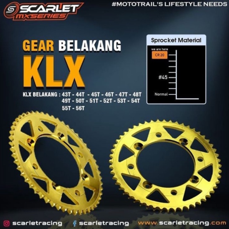 GEAR BELAKANG GIGI TARIK GIR GOLD 428 KLX 150 43T 44T 45T 46T 47T 48T 49T 50T 51T 52T 53T 54T 55T 56T SCARLET RACING