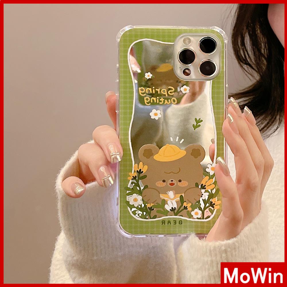 iPhone Case Acrylic Mirror Airbag Shock Resistant Big Hole Camera Protection Green Flower Bear Compatible For iPhone 11 iPhone 13 Pro Max iPhone 12 Pro Max iPhone 7 Plus