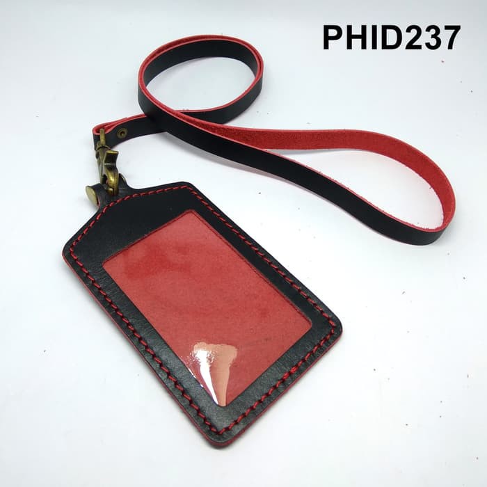 gantungan ID card kulit asli hitam merah - tali id card - PHID237