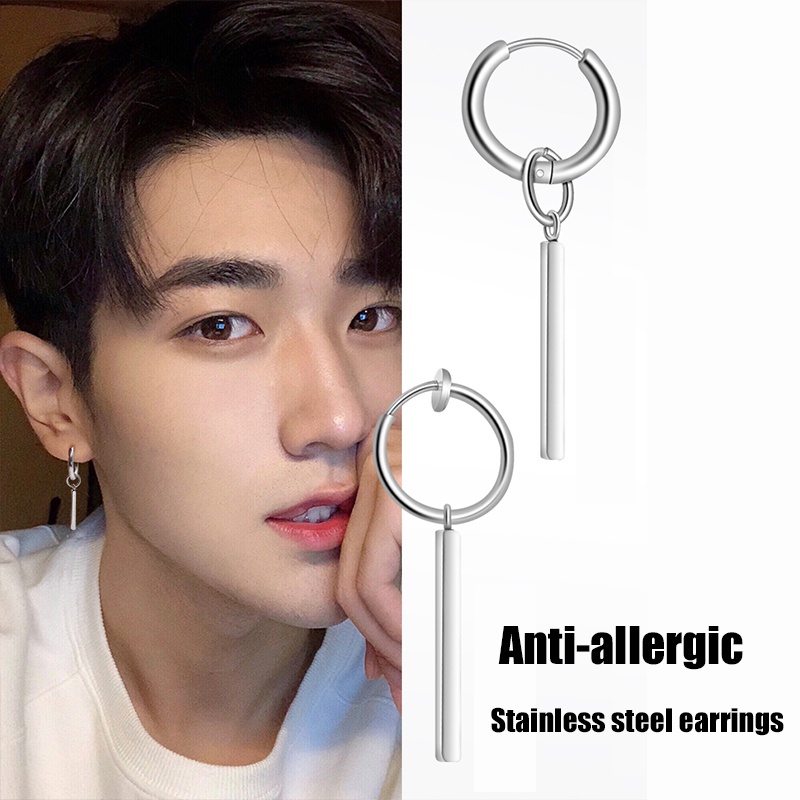 Anting Panjang Lurus Bahan Titanium Steel Gaya Hip Hop Korea Untuk Pria Dan Wanita