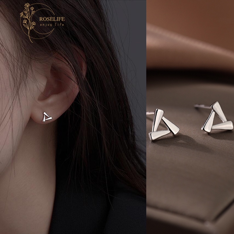 Roselife 1 Pasang Anting Tusuk Sterling Silver 925 Desain Geometri Segitiga Hollow Hypoallergenic Untuk Wanita