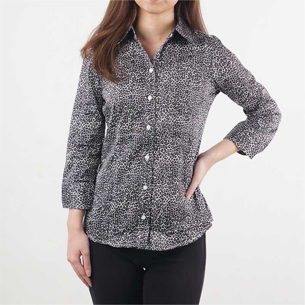 Kemeja Wanita Lengan 7/8  Full Kancing Motif Tutul Bahan Katun Stretch
