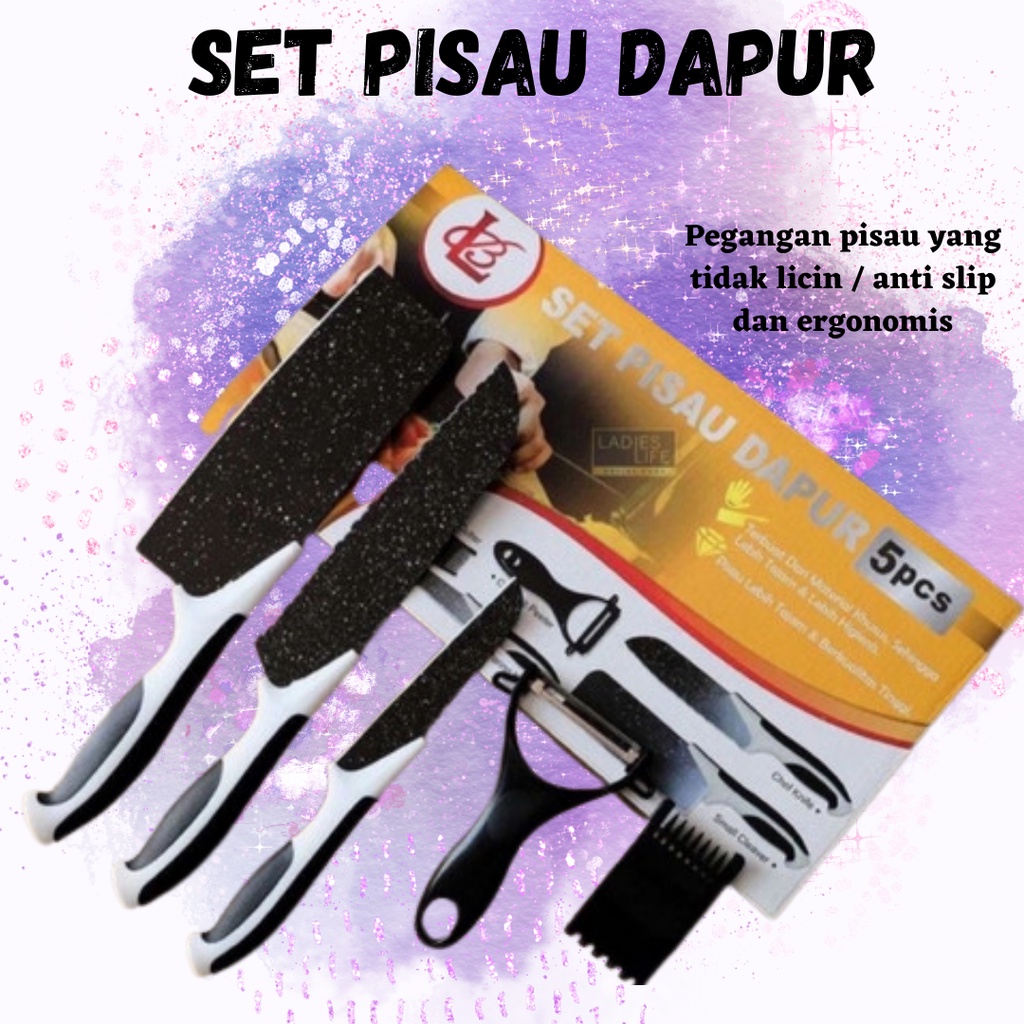 TERBARU!!! Set Pisau Dapur isi 5pcs Hitam 5IN1 STAINLEES