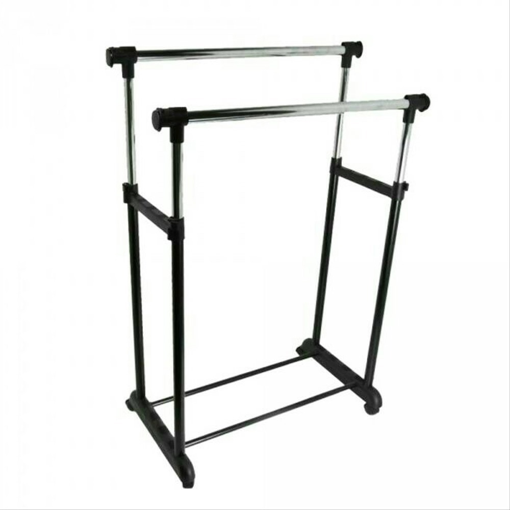 FM - Rak Gantungan baju double / Jemuran Baju / Double rod Rack 2 Tiang + roda - Stainless steel