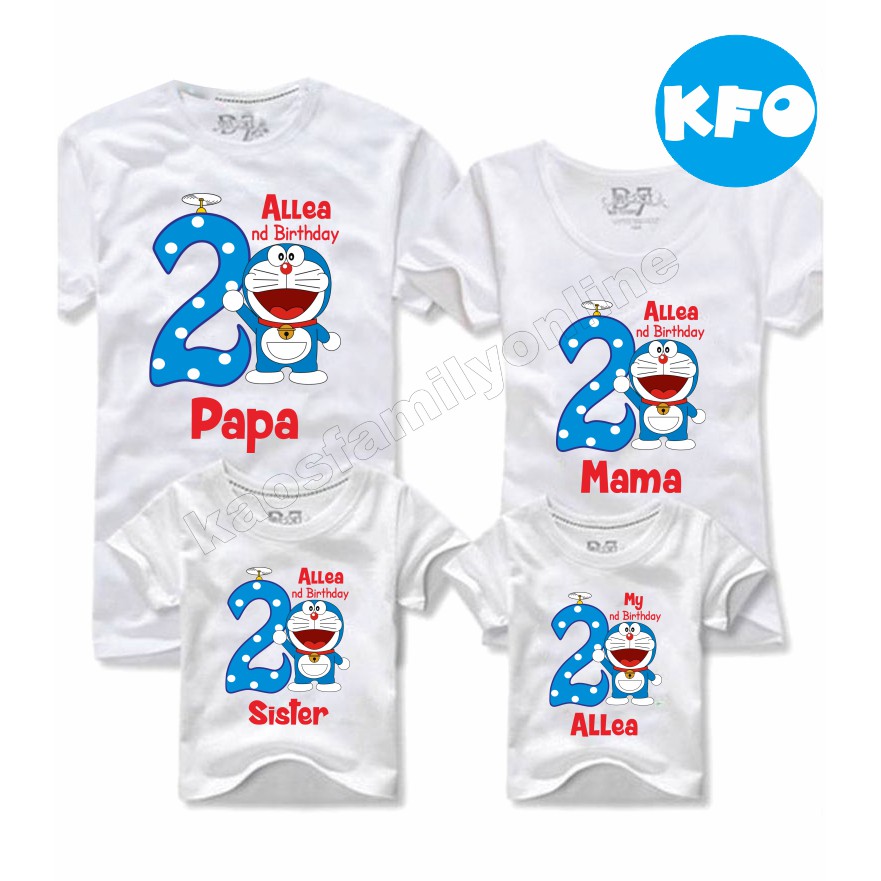 Baju Kaos Ulang Tahun Keluarga Doraemon Family Couple / Kaos Request FREE Nama Tulisan Custom / Kaos