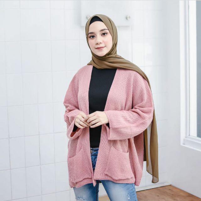 LOOCY CARDY Cardigan Rajut Oversized dan Normal Size - Kardigan Polos Wanita  Bahan Rajut-DUSTY PINK