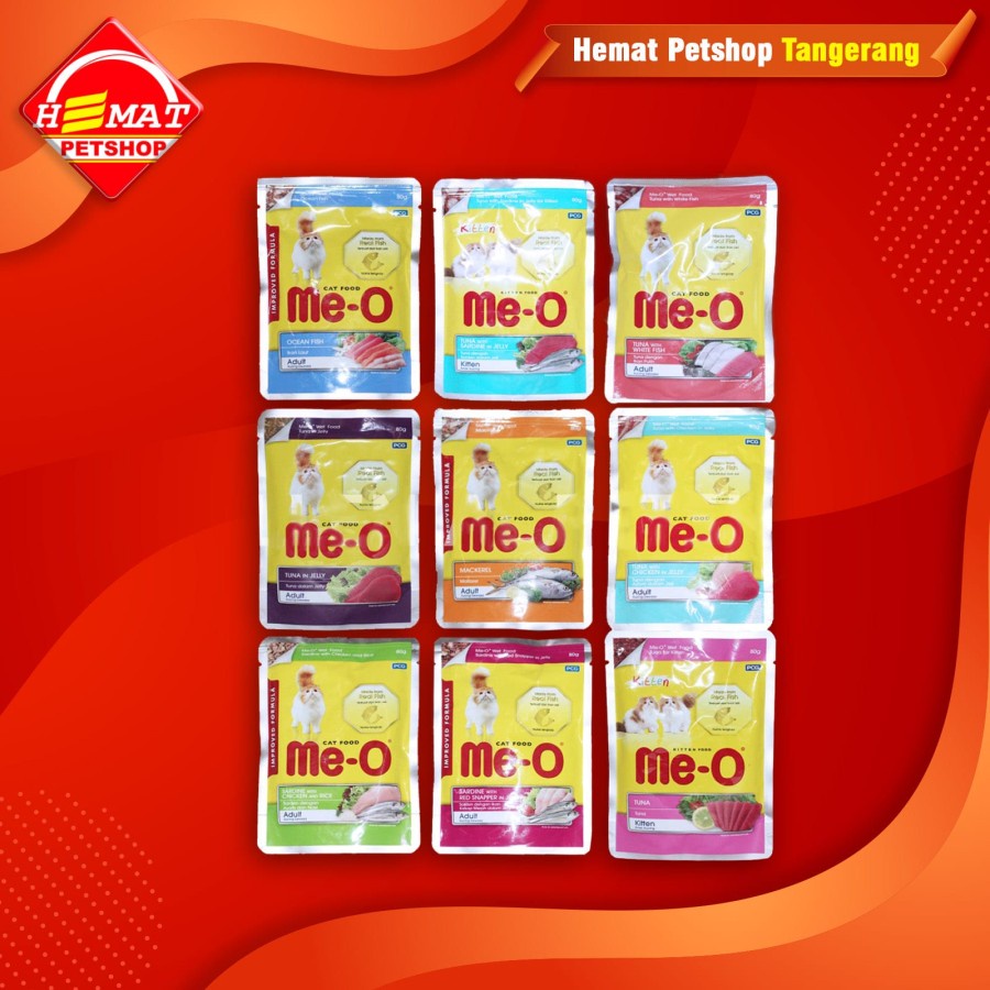 (12pcs)Meo Makanan kucing Basah Cat Food Pouch Wetfood Me-O Sachet 80 Gram - all varian