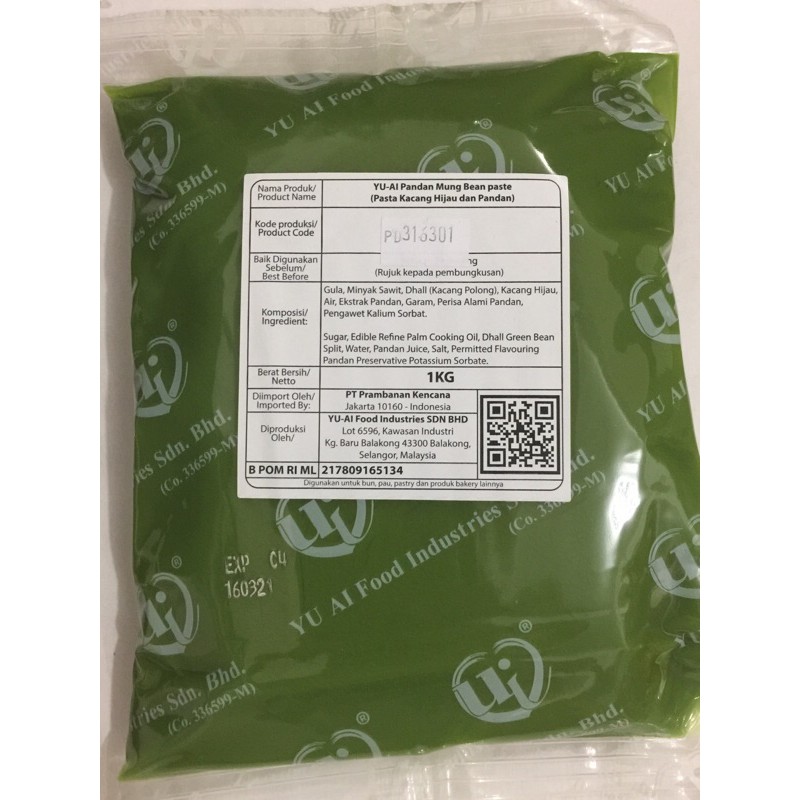 Filling isian Pandan Mung Bean Yu Ai Pasta kacang hijau pandan 1 kg