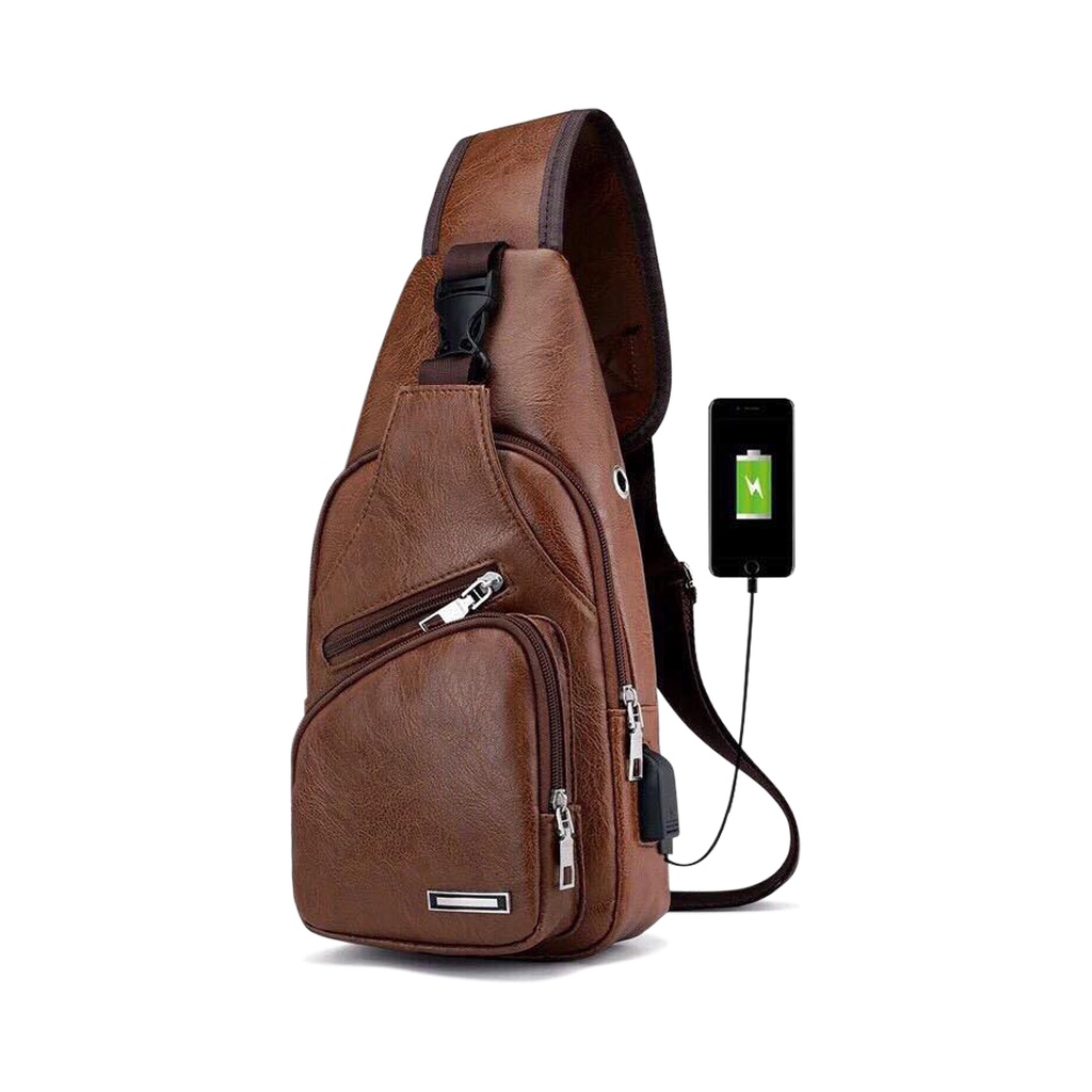 Tas Selempang Kulit Pria T17 Tas Hp/Tas Dada /Sling Bag Usb Kulit/Sling Bag Import